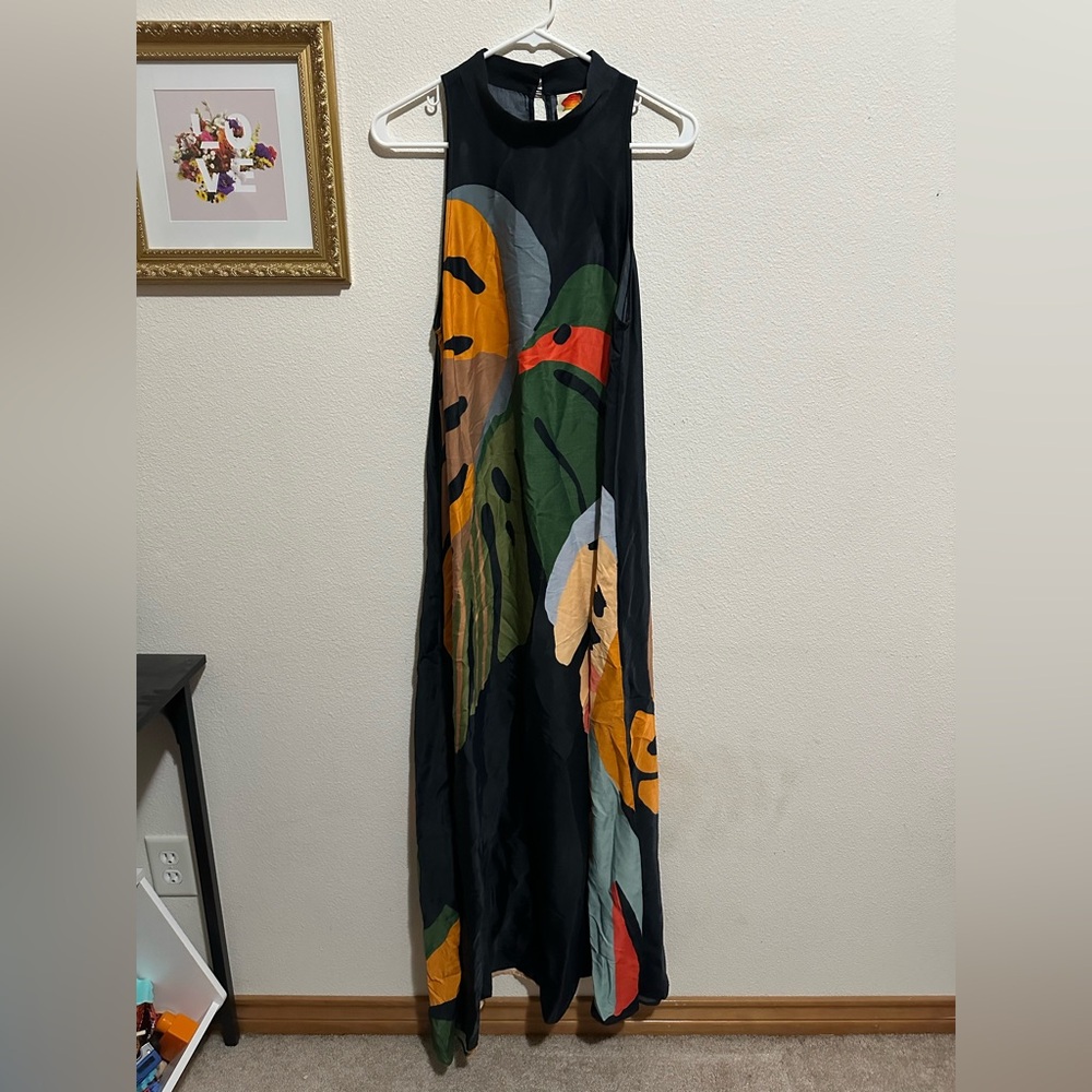 Farm for Anthropologie Black Maxi Dress With Monstera Leaves